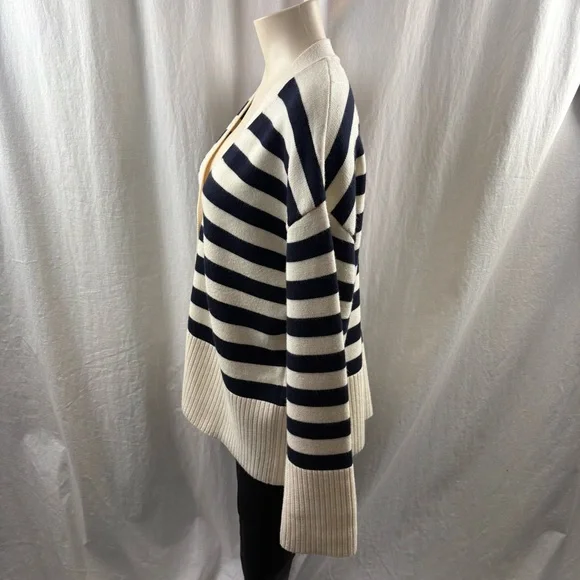 Zara Dark Navy and Cream Striped V-Neck Cardigan M - Picture 7 of 11